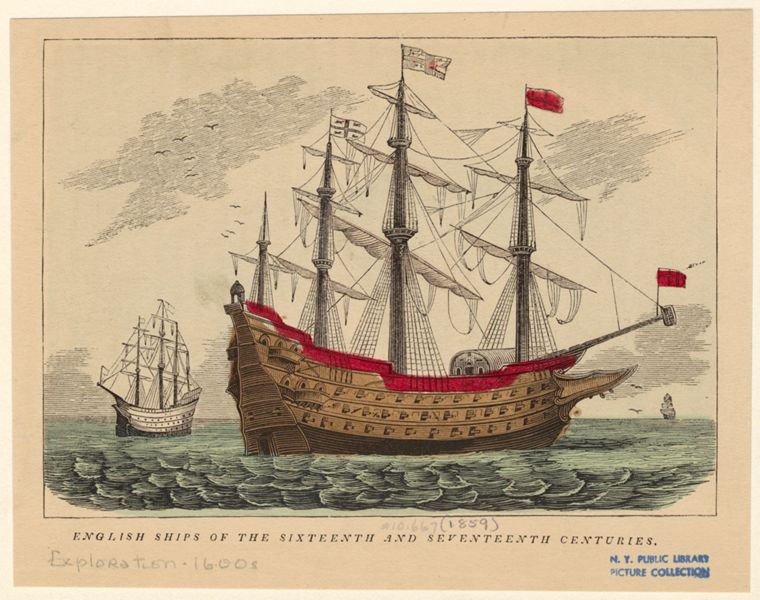 this is a drawing or illustration depicting several english ships from the 16th and 17th centuries sailing on the sea. the largest ship is a threemasted vessel with red accents and various flags flying from its masts. a smaller sailing ship is visible in the background to the left, and another tiny ship is on the right, with some birds visible in the sky. the image is titled "english ships of the sixteenth and seventeenth centuries."