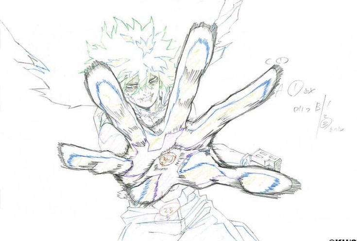 this image shows a detailed colored pencil sketch of an animestyle character. the character has spiky, bright green hair, and appears to be in the midst of a powerful action pose, with their hands outstretched, energy emanating from their palms. the style suggests concept art or a storyboard for animation. the sketch shows various lines and annotations, typical of workinprogress animation art.  the overall feel is dynamic and energetic.