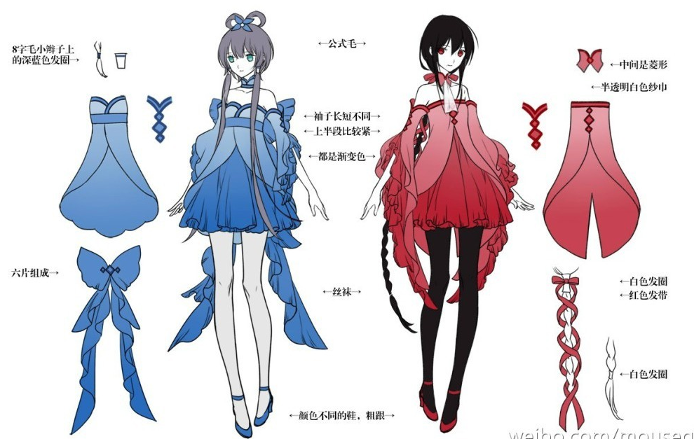 the image is a character design for two anime girls, one wearing blue and one wearing red. it is a  line drawing of a concept with annotations on different parts of the outfits such as the hair, dress, and shoes. the design emphasizes details such as gradient colors, ribbons, and bows.  each girl has a unique design featuring different styles of dresses and hairstyles. both characters are presented with detailed descriptions of their outfits and accessories.