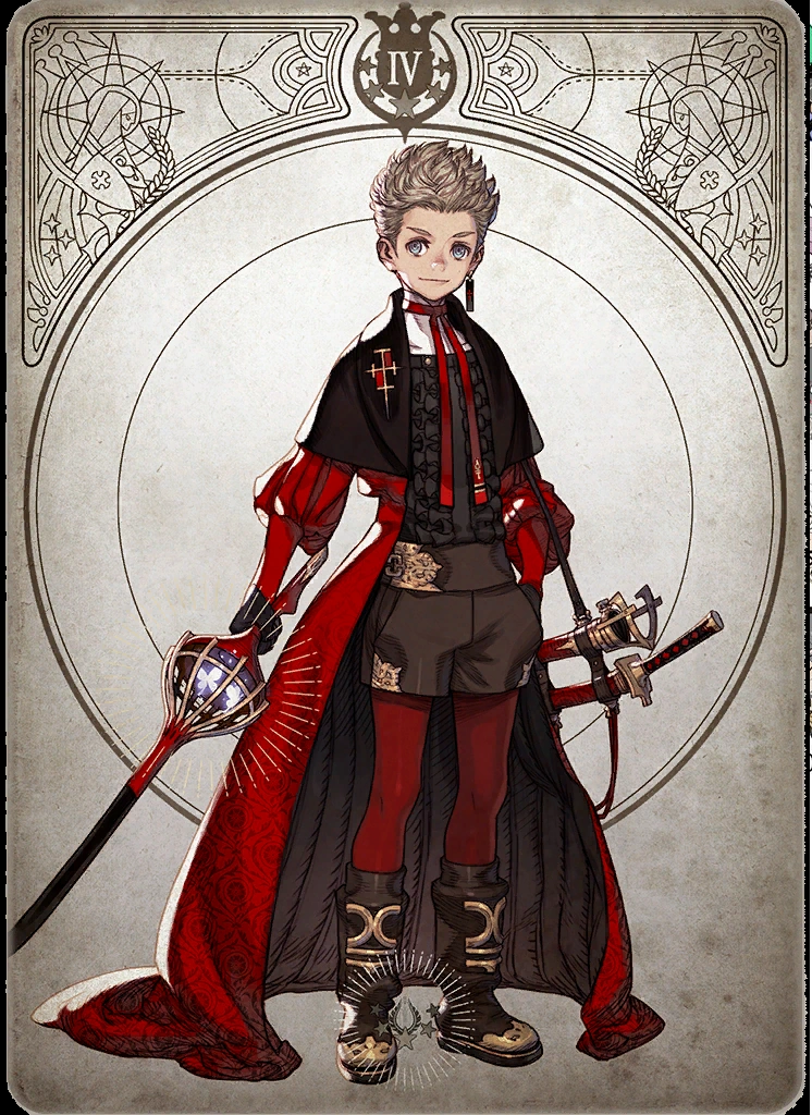 the image depicts a young, fairhaired boy dressed in an elaborate red and black outfit reminiscent of fantasy attire. he stands within a decorative, circular frame that evokes the style of a tarot card, marked with the roman numeral iv at the top. he holds a staff adorned with a glowing orb in his right hand and two swords sheathed on his left hip. his expression is one of gentle confidence.  the color palette is rich with deep reds, golds, and browns.