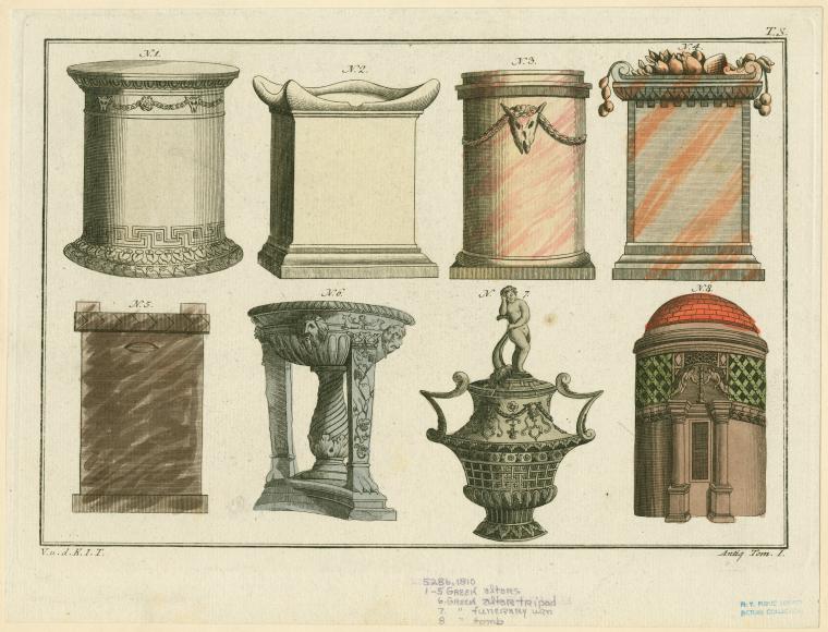 an architectural drawing featuring several decorative architectural elements. there are several pedestal variations with varying decorations, including greek key patterns, floral garlands, and marblelike textures. there is also a detailed vase topped with a statue and a domed structure resembling a mausoleum or tomb. the style and layout suggest that it is an antique print intended for architectural study.