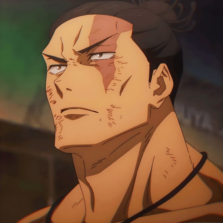 the image shows a closeup illustration of an adult male with a determined expression. he has short black hair tied in a topknot and noticeable scars on his face and body.  the lighting is dramatic, highlighting the contours of his muscles and creating a sense of intensity. the background is blurred, suggesting an indoor arena setting.