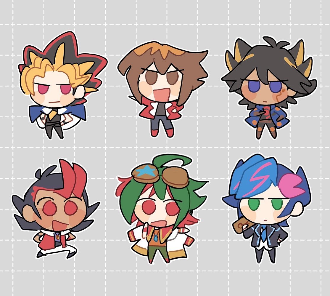 this image contains six chibistyle illustrations of characters from the yugioh! franchise.  each character is depicted in a cute, simplified style with exaggerated features. the characters include yugi muto, yusei fudo, yuya sakaki, yuto, playmaker (reiji akaba) and a sixth character. they are arranged in a grid pattern on a grey background with a subtle grid overlay.  the overall style is playful and appealing.