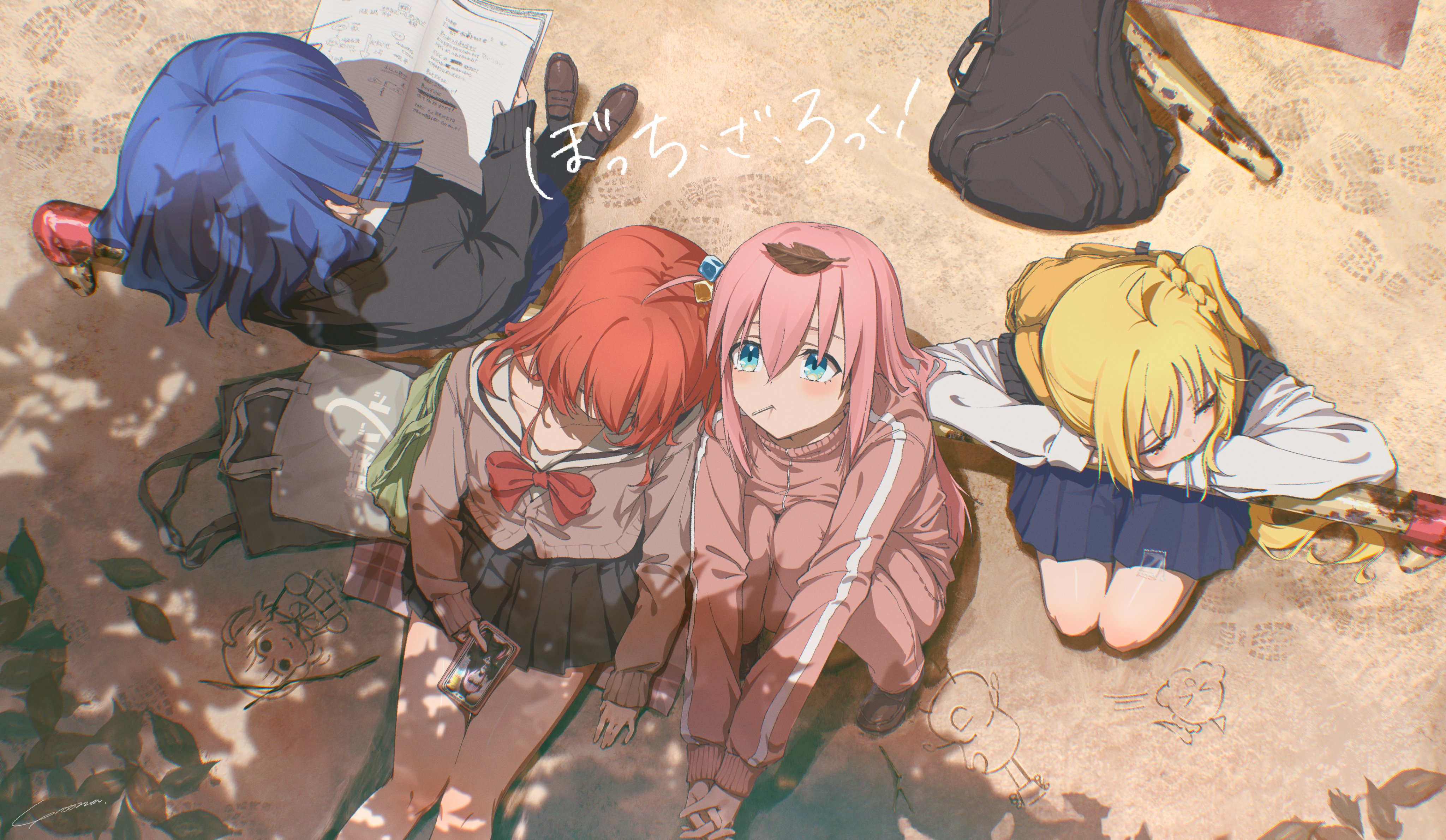 a topdown view of four animestyle girls sitting outdoors in what appears to be a sunny area with leaves and footprints on the ground. the girls are dressed in school uniforms and casual clothes. from left to right, one girl with blue hair is reading a book, another with red hair is looking down at her phone, a pinkhaired girl has a leaf on her head and is holding hands with the redhaired girl, and the fourth girl with blonde hair is asleep, using her arms as a pillow. guitars and school bags are also in the scene. there is some text in japanese.