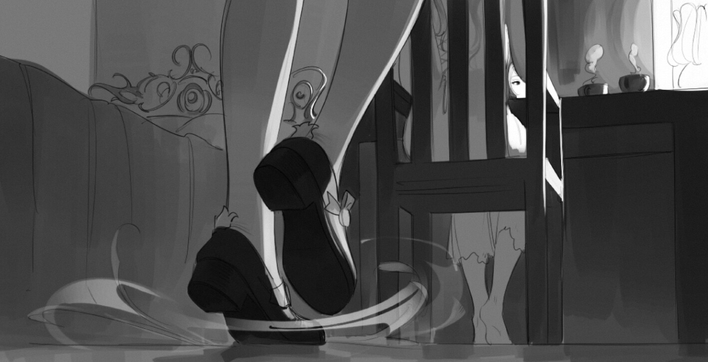the image is a black and white illustration of two people in a room. the perspective is from a low angle, looking up at a woman who is standing up from a chair. the chair and a coffee table are in the foreground, and a couch with another person laying down on it is in the background. the image has a sense of motion, with blur lines indicating the movement of the woman standing up.