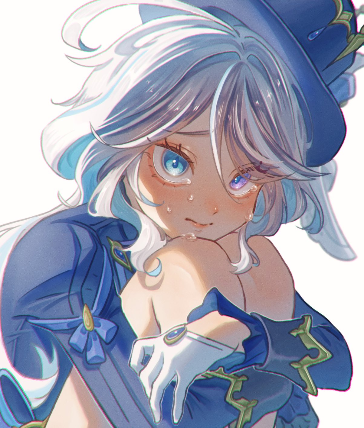 this is a drawing of an anime girl with white hair and a blue hat, she is crying and appears sad, she is wearing a white glove and a blue and white outfit.