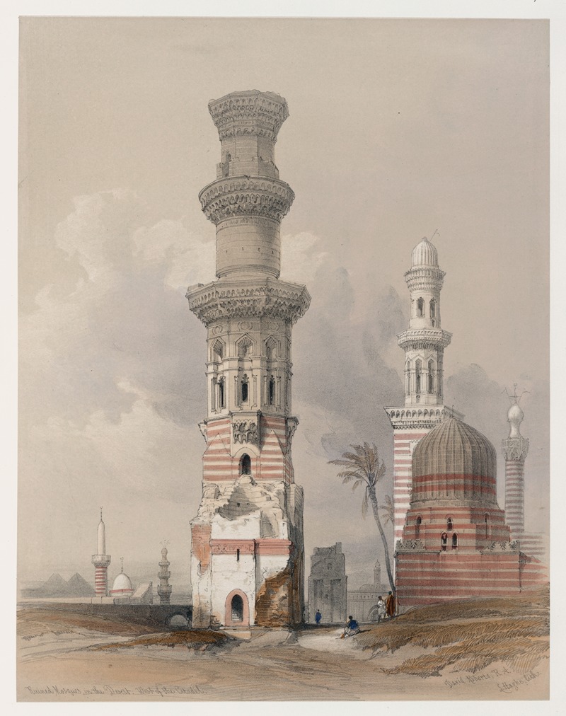 the image is a watercolor painting depicting a scene with several minarets and mosques in egypt, presumably in cairo. a tall, cylindrical minaret dominates the left side of the image, showing signs of ruin at its base. another mosque with a striped dome and minaret is seen to the right, alongside other minarets in the distance. people are scattered around the base of the structures, and palm trees add to the middle eastern ambiance. the painting captures a historical architectural landscape with a blend of islamic, ottoman, and mamluk styles, under a slightly cloudy sky.