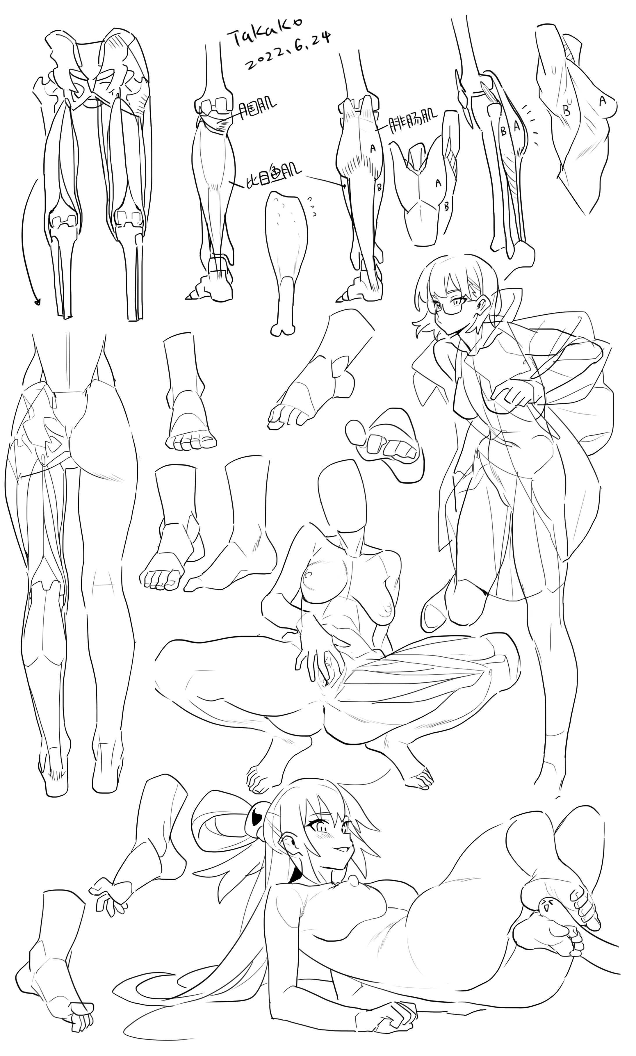 this image is a study sheet or tutorial focused on drawing the anatomy of legs and feet, particularly in a cartoon or anime style. it includes various anatomical drawings of legs, knees, and feet, showing skeletal structure and muscle placement. there are also drawings of female figures in different poses (standing, sitting, lying down) showcasing how the legs and feet look in those poses. one figure has glasses and is wearing a jacket, while another has long hair with a ribbon. the overall style is line art, likely done with a pencil. it appears to be a visual guide for artists learning to draw legs and feet accurately.