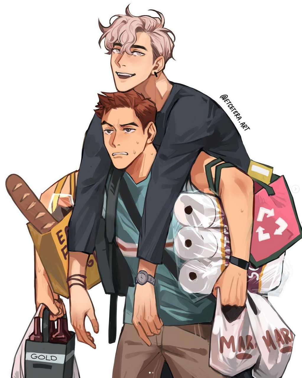 the image showcases a digital illustration of two men in a loving embrace. the man in front, with reddishbrown hair and a tired expression, carries the other, a blonde man with a playful smirk, on his back. they are both laden with grocery bags, suggesting a trip to the supermarket. the blonde holds a loaf of french bread and rests his arms comfortably around his partner's shoulders, while the other man struggles goodnaturedly under the weight. the background is a simple offwhite, drawing focus to the couple and their affectionate interaction.