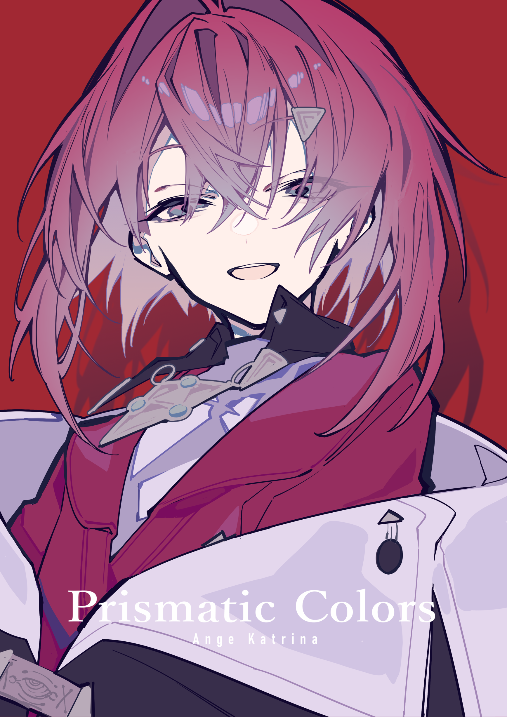 a digital art image of the vtuber ange katrina in a light purple and pink uniform with a pink and purple gradient hair, smiling in front of a dark red background. the words "prismatic colors" and "ange katrina" are printed at the bottom left.