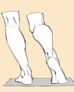 the image is a line drawing, seemingly from an art instructional book, showing a simplified anatomical view of two human legs from the knees down, viewed from a slightly elevated, side perspective.  the legs are positioned somewhat apart, suggesting a standing stance.  the drawing focuses on the form and musculature of the lower legs and ankles, with the feet resting on a flat surface, represented by a simple gray rectangle. the style is clean and precise, prioritizing clear representation of anatomical features over fine detail or realistic shading. the overall color scheme is muted, featuring light beige background and grayscale lines.