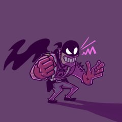 a cartoon villain strikes a menacing pose against a solid purple background. the villain is dressed in purple and black attire, including a cape, mask, gloves, and boots. he has a wide, evil grin and is clenching his fists. the lighting suggests a spotlight is shining on him, adding to the dramatic effect.