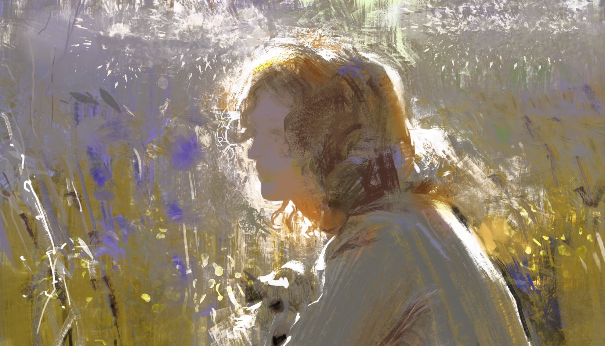 a digital painting of a woman in profile, her hair and clothing are mostly obscured by the background, which is a field of flowers.  the painting is done in soft brushstrokes and has a dreamlike quality.  the colors are muted and warm, and the light is soft and diffused.