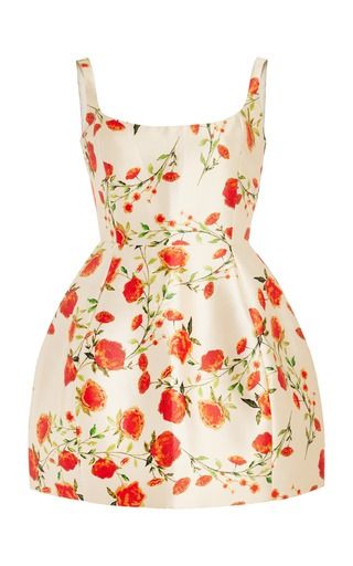 this is a photo of a white dress with red floral print. it's sleeveless, and the straps have a slightly different shade of white than the dress, giving it a nice twotoned look. the dress is cut in an aline silhouette and features a flattering sweetheart neckline.