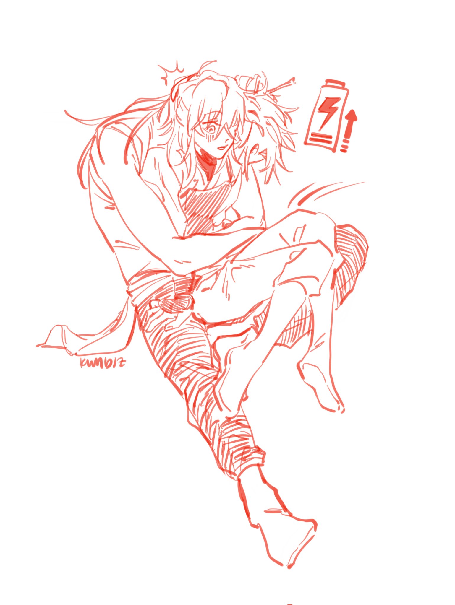 this is a digital drawing of an anime girl with long hair. she is lying on her side with her legs curled up. she is wearing pants and shoes. she is looking tired and has a low battery icon next to her head. the drawing is done in red lines on a white background. the style is loose and sketchy.