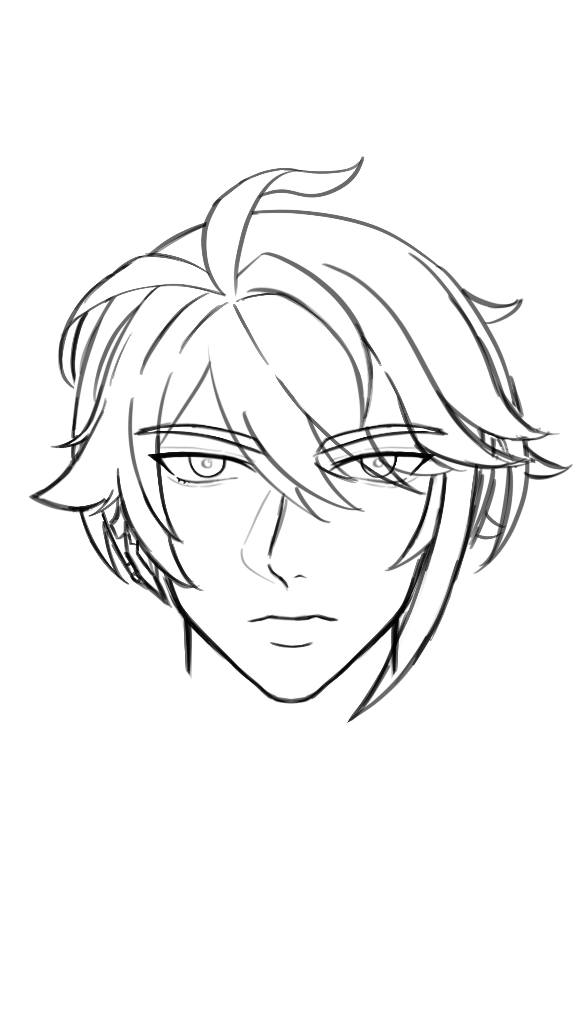 a digital line art drawing of an animestyle boy's headshot. he has detailed facial features and stylized hair.