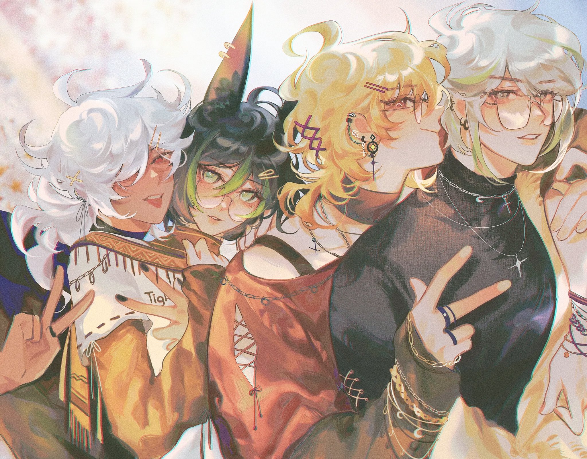 he image is a vibrant digital painting or illustration featuring four animestyle male characters.  they're close together, hugging and making peace signs, conveying a sense of friendship and fun. each character has a distinct hairstyle, clothing style, and personality. their clothes range from a more bohemian look to modern edgy styles.  the art style is soft and painterly, with expressive lines and a warm color palette. the background is blurry and outoffocus suggesting a bright, outdoor setting.  the overall mood is lighthearted and positive. one of the characters has a small signature visible, "tigl."
