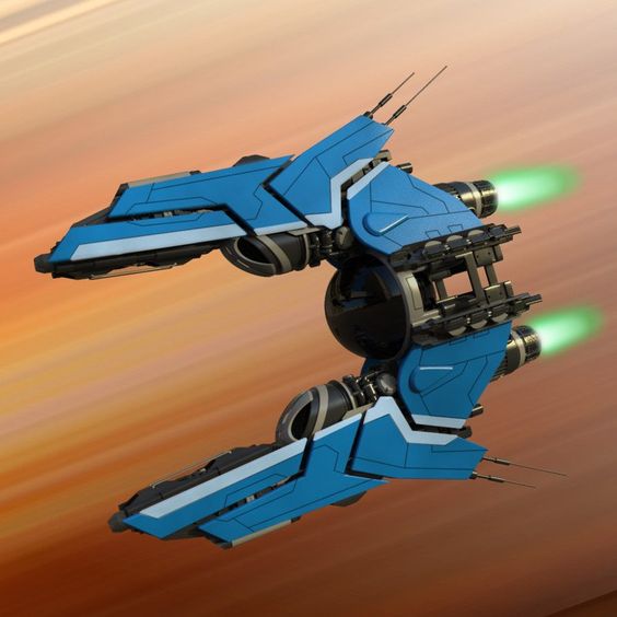 a blue and white spaceship soars through a cloudy orange sky.  its engines emit a green glow.
