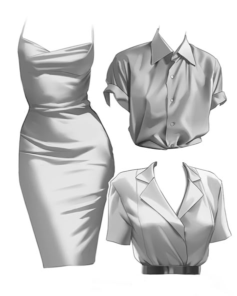 this is a digital illustration of three garments, a sleeveless dress, a shortsleeved buttonup shirt, and a shortsleeved collared blouse. all three pieces are simple and elegant, with clean lines and subtle textures. the illustrations are in a grayscale color scheme, with variations in gray used to create shading and depth.