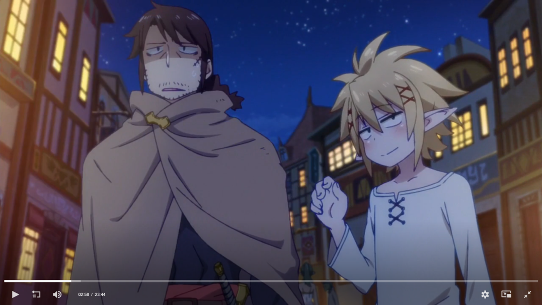 this is a still image from an anime, the image is a scene of two male characters walking together in a city at night. one character is wearing a cape and has brown hair, the other is wearing a white shirt and has blond hair and elf ears. the building is illuminated by light from inside the building. the image seems to show a scene of the characters having a conversation and having a good time.