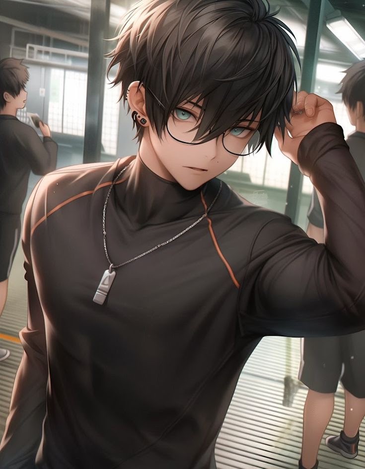 a digital illustration of an anime boy wearing a black shirt, black hair, black glasses, and a necklace, looking at the camera with a cool expression. the image is in a manga style and is very detailed.