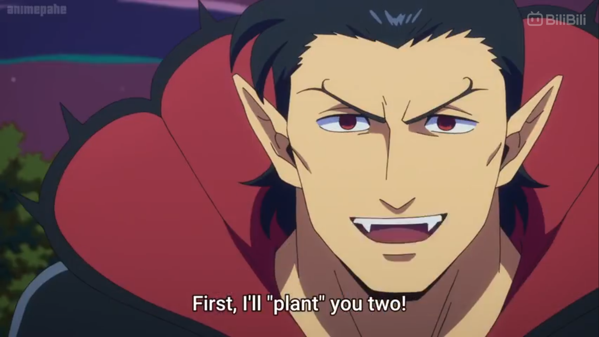 a screenshot from an anime showing a closeup of a vampire with slickedback black hair and red eyes. he's wearing a black cape with a red interior and has a menacing smirk, revealing sharp fangs. the dialogue bubble reads, "first, i'll 'plant' you two!" the background suggests a night setting with artificial lighting and hints of purple and pink.