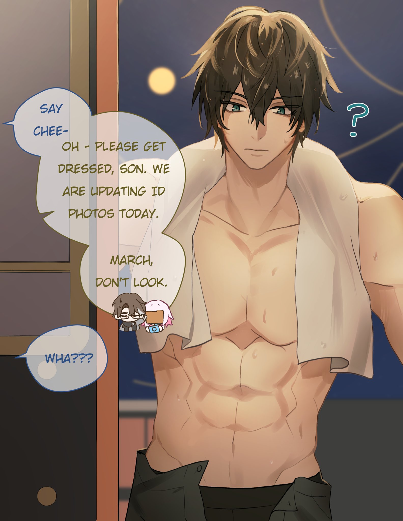 a man is standing shirtless in a room with a towel wrapped around his waist. he is looking at a camera with a blushing and embarrassed expression. he has brown hair and black eyes. in the background, two other characters are looking at him. there is a thought bubble above his head with the words "oh please get dressed, son. we are updating id photos today." and another thought bubble with the word "whaa???" and a thought bubble below him with the words "march, don't look."