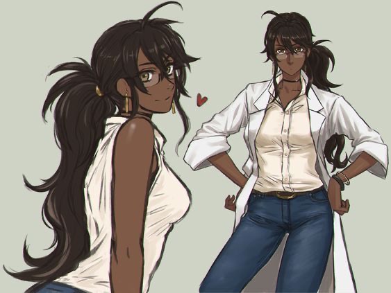 the image depicts two anime girls. the girl on the left is wearing a white sleeveless shirt, blue jeans, and has long brown hair with black highlights. she is wearing glasses and has a brown complexion. the girl on the right is wearing a white lab coat, a beige buttondown shirt, and blue jeans. she has long brown hair with black highlights, glasses, and a brown complexion. the two girls are drawn in a casual, relaxed style, and the image is set against a plain, light grey background. the overall aesthetic is that of a digital art piece, with a focus on depicting these two characters in an attractive and fashionable manner.