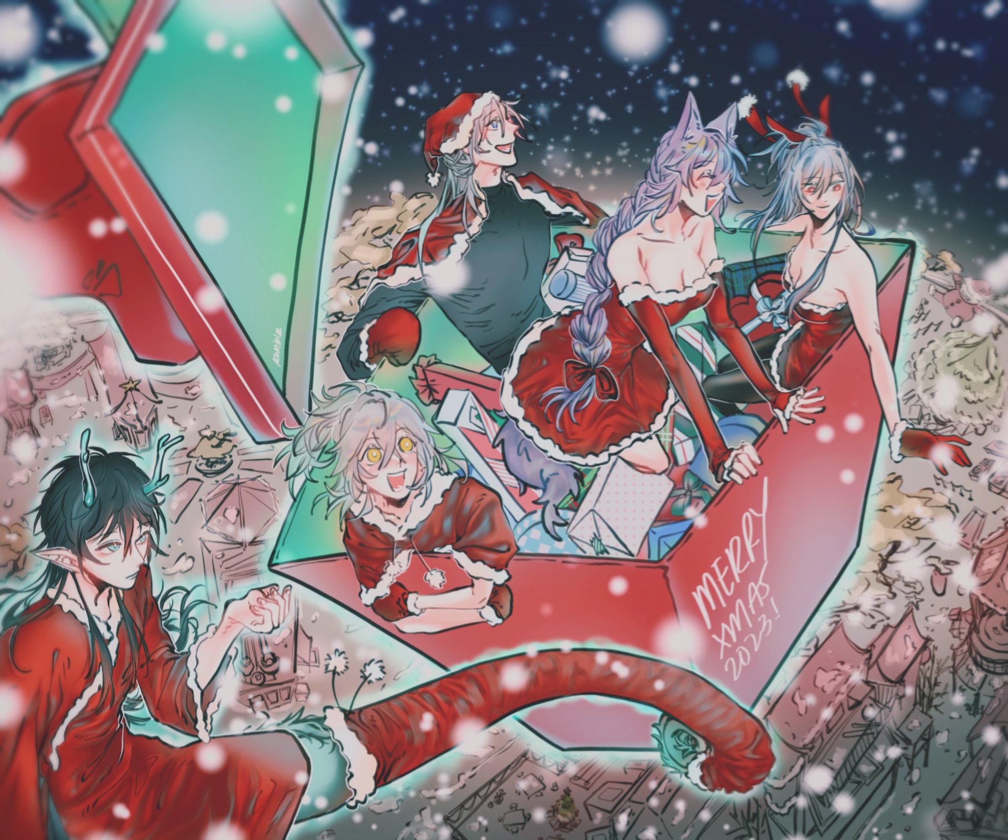 the image is a digital illustration of four anime characters in a festive christmas scene. the characters are dressed in santainspired outfits, with a red and green color scheme. they are surrounded by presents, snow, and other holiday decorations. the characters are all smiling and laughing, creating a cheerful and festive atmosphere. the background is a mix of soft colors and textures, with a swirling effect that adds to the whimsical nature of the scene. the artwork is detailed and wellexecuted, with a bright and colorful color palette.