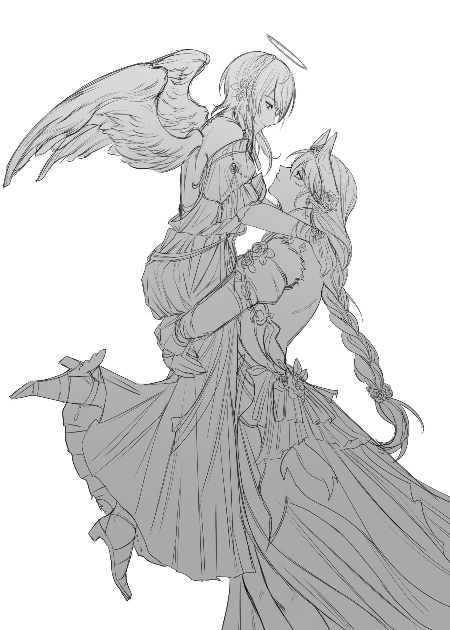 a line art illustration of two women, one with angel wings and a halo, holding the other in her arms. they are both wearing long, flowing gowns, and their eyes are closed as they embrace. the image is set against a white background, and the lines are drawn in a delicate, flowing style.