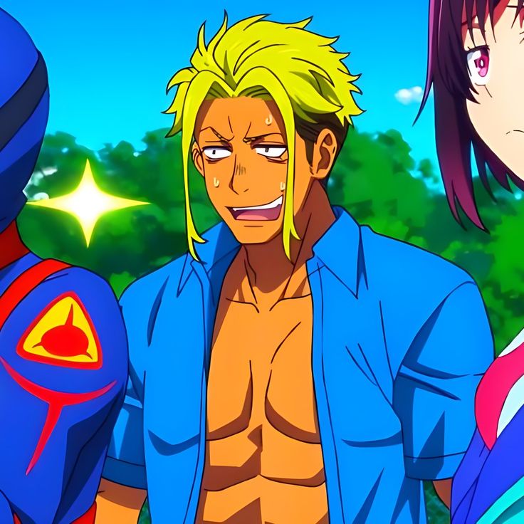 this is an image of a muscular anime male with blond hair wearing a blue shirt. the shirt is unbuttoned and his bare chest can be seen. the male is smiling and looking left. there is a female anime character with long purple hair in the background. she is wearing a pink shirt and is looking at the male. they are both in front of a green background.