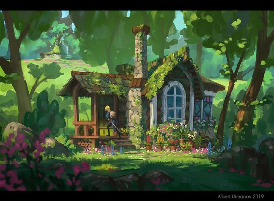 this image shows a mosscovered cottage in a lush green forest. in front of the cottage is a garden with flowers. a woman is sweeping the porch. the image is bathed in sunlight.