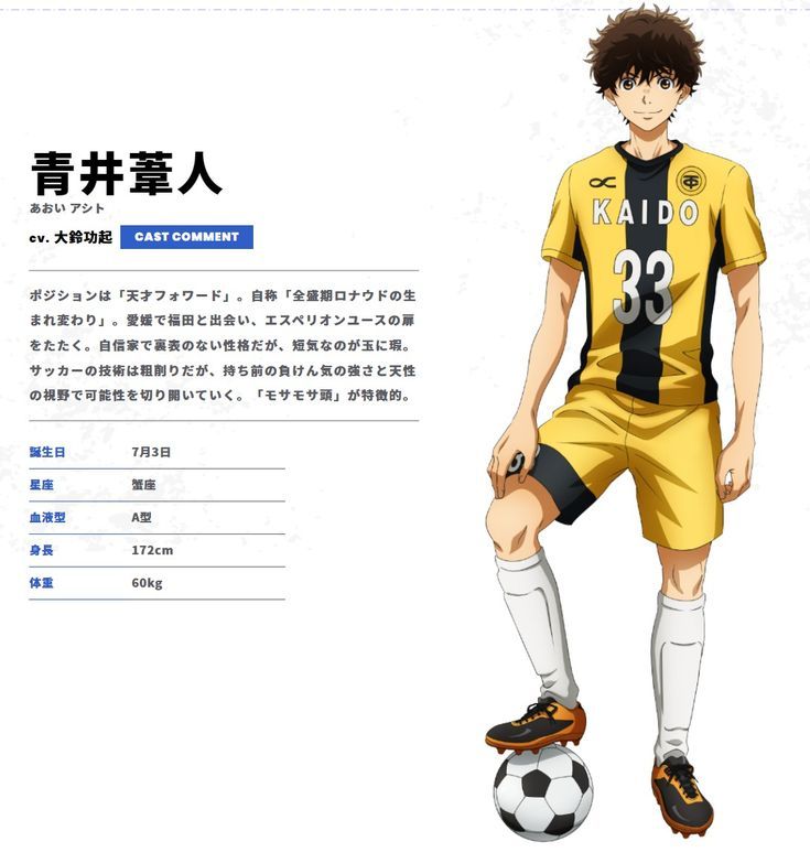 he image is a character profile for aoi ashito from the anime series "blue lock." it shows a fullbody illustration of aoi ashito in his soccer uniform. the uniform is yellow with black stripes and the number 33 on the back. he is standing with a soccer ball at his feet and a serious expression on his face. below the illustration, there is a description of his character that includes information about his birthday, zodiac sign, blood type, height, and weight. there is also a quote from the character's voice actor. the background of the image is white.