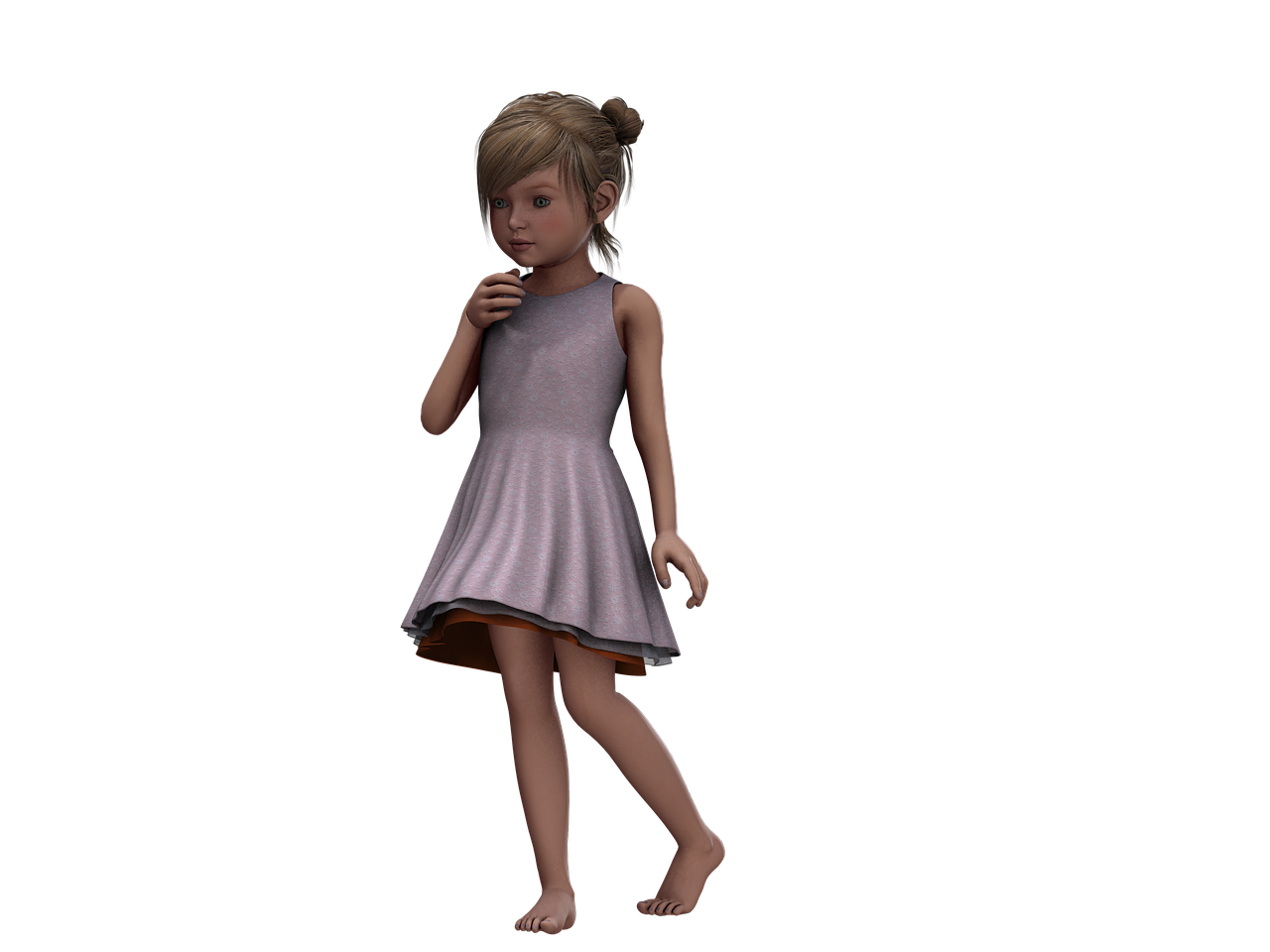 a young girl stands barefoot against a black background, wearing a simple lightcolored dress. she has blonde hair styled in a bun and is gazing thoughtfully to the side, with her hand gently touching her face. her posture suggests a moment of contemplation.