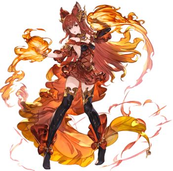 the image is of an anime girl with long red hair and a red and orange dress, wielding flames in her hands. she looks powerful and fierce with her magic skills.  the image is a vibrant fantasy with swirling flames and a beautiful character.