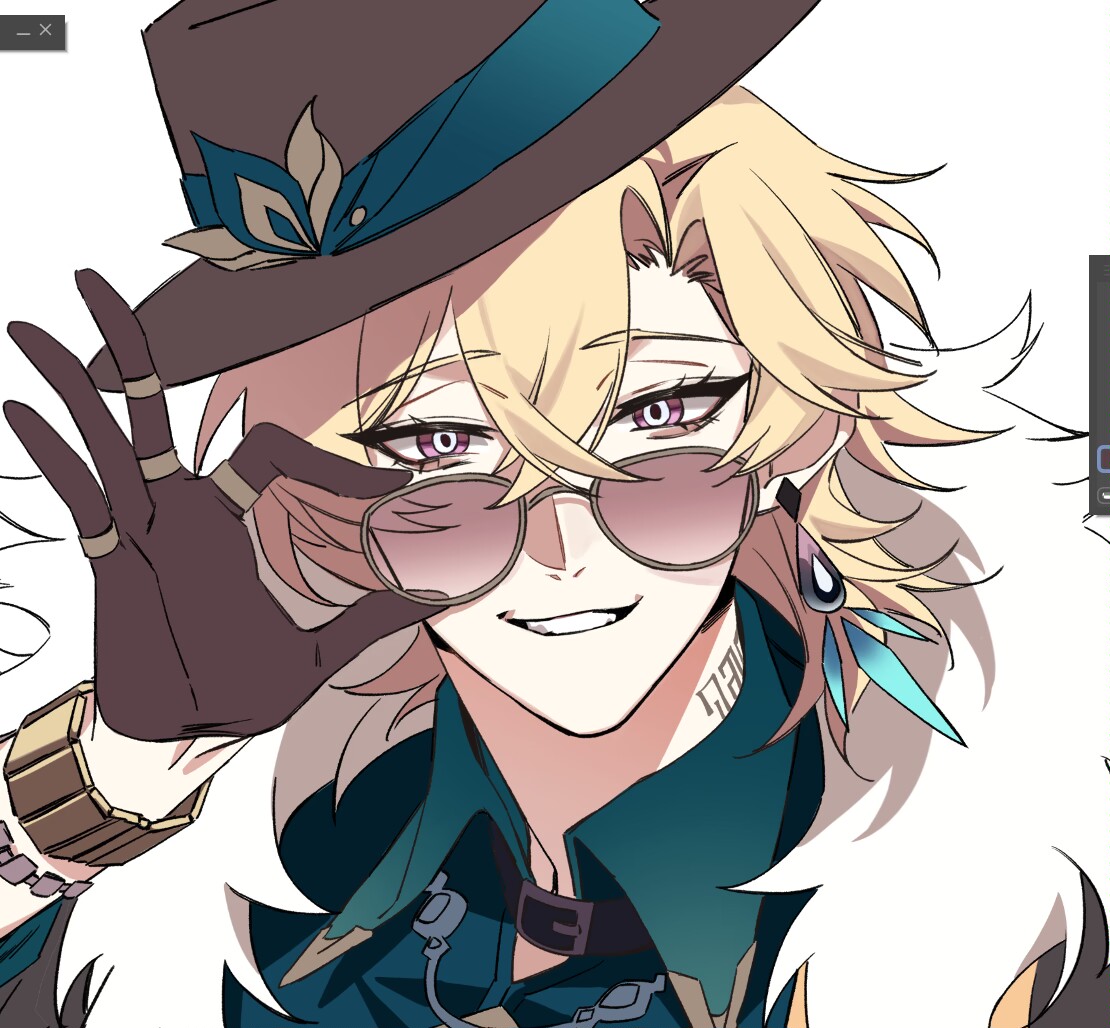 this is a digital illustration of an anime male character with blond hair. he is wearing a hat, sunglasses, and a stylish outfit. he has a friendly smile and is looking at the viewer. the style is very fashionable.