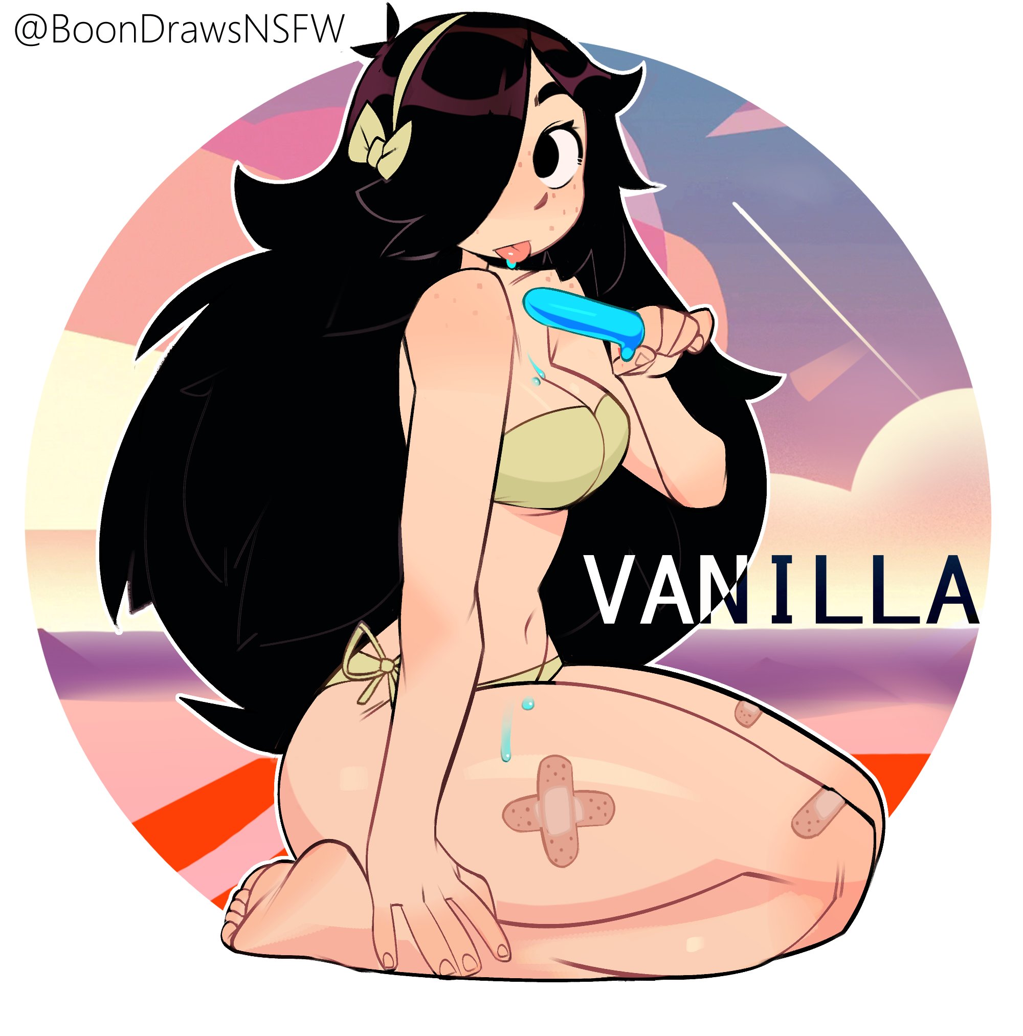 an anime girl with long black hair is kneeling on the beach with a popsicle in her hand. she's wearing a yellow bikini and has a bandaid on her thigh. the sunset is behind her and the background is a bright blue and pink sky with clouds.