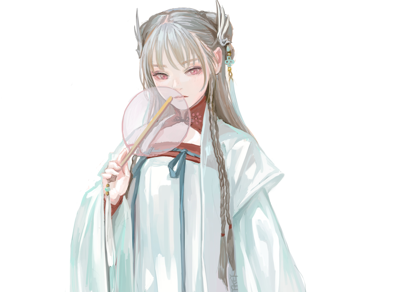 an animestyle illustration of a fairskinned woman with white hair, red eyes, and wearing a traditional chinese dress. she is holding a round fan in front of her face. she has a braid to the side and is wearing ornate jewelry and a headpiece.