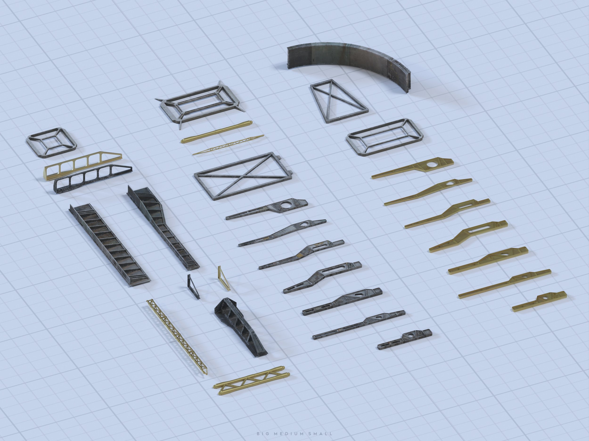 an isometric view of a variety of 3drendered metal parts laid out on a gridded surface. the parts appear to be components for some kind of industrial structure or machine, with various sizes and shapes including beams, girders, plates, frames, ladders, and other connecting elements. the parts are primarily gray and metallic in texture with some golden/brass colored accents, suggesting different materials or finishes. the image also indicates that the parts come in three sizes: big, medium, and small, signifying a potential modular design system. the overall style is clean, technical, and precise, similar to a cad design or manufacturing illustration.