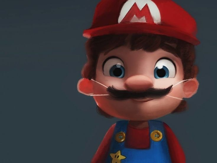 this is a digital illustration of mario, the iconic video game character. he's depicted with a cartoonish and somewhat childish style. he's wearing his signature red hat with the "m" logo, blue overalls with gold buttons, and has a prominent black mustache. the artwork focuses on his face, featuring large, expressive blue eyes. the background is a dark, solid color which makes mario stand out.