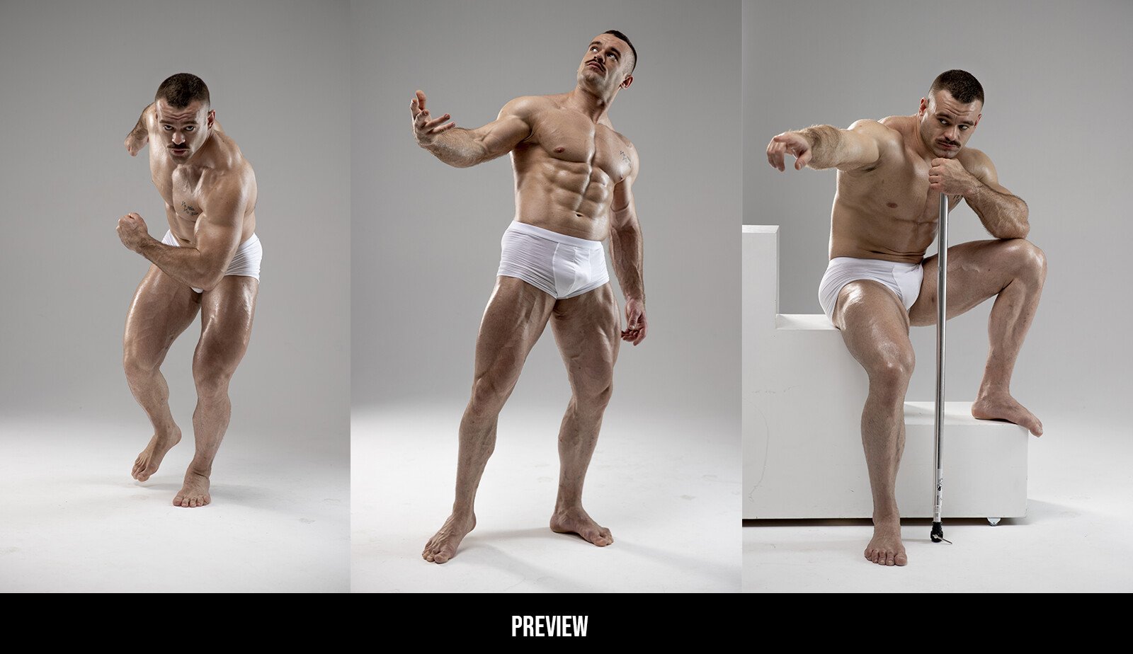 a muscular male model poses in three different ways. on the left, the model is standing, flexing his muscles, and looking at the camera. in the middle, the model is standing with his arms extended out, looking up at the sky. on the right, the model is sitting with his legs crossed, resting his elbow on a stick and leaning his head on his hand. the model is wearing white underwear.