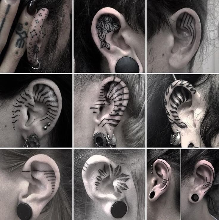 the image shows a collage of nine different ear tattoos and piercings. the tattoos are all black ink and vary in style, including geometric designs, dot patterns, and linear patterns that follow the shape of the ear. some ears have stretched lobes with plugs, while others have traditional piercings. the image is in black and white.