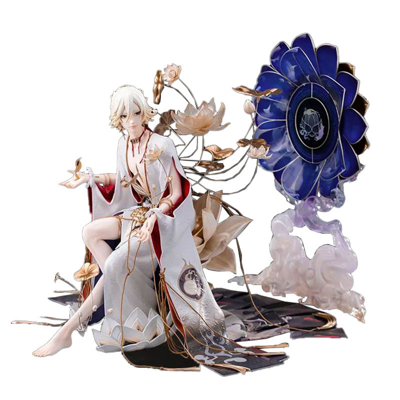 this is a figurine of an anime male character. he is sitting on a lotus flower, which is part of a larger intricate design that includes flowers, vines, and a blue circular design. the character is wearing a white kimono with gold accents and has long white hair. the figurine is very detailed and captures the character's elegance and beauty. it is a great piece for any anime fan's collection.