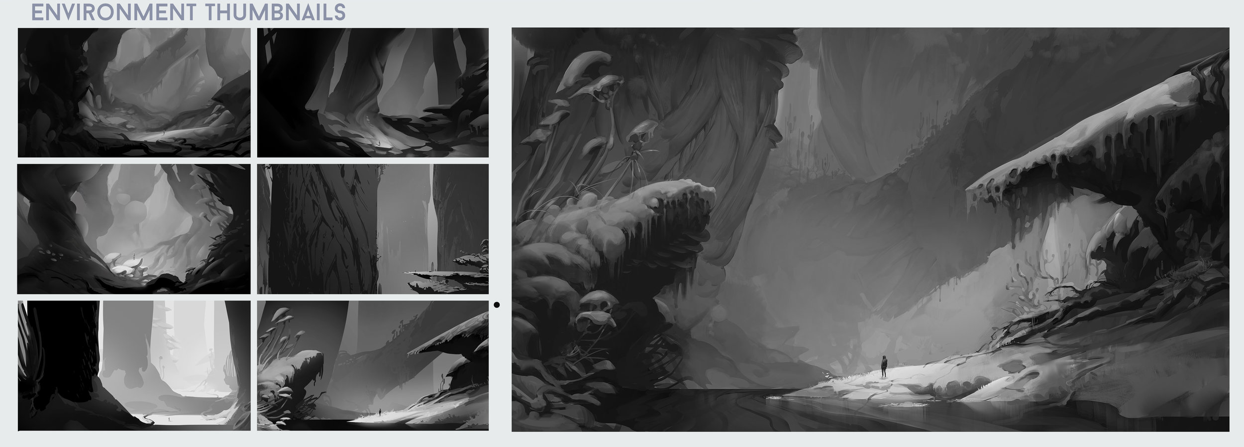 the image showcases concept art for an environment, likely a game level or illustration setting.  it features a series of grayscale thumbnail sketches exploring different cave compositions and a larger, more detailed rendering of the chosen design. the chosen design depicts a deep, shadowy cave with a frozen riverbed. imposing rock formations, some adorned with bioluminescent fungi, dominate the scene. icicles cling to overhangs, and snow dusts the ground. a lone figure, rendered in silhouette, stands on a small patch of ice, emphasizing the vastness and potentially hostile atmosphere of the environment. the overall mood is dark, mysterious, and evocative of a fantastical setting.