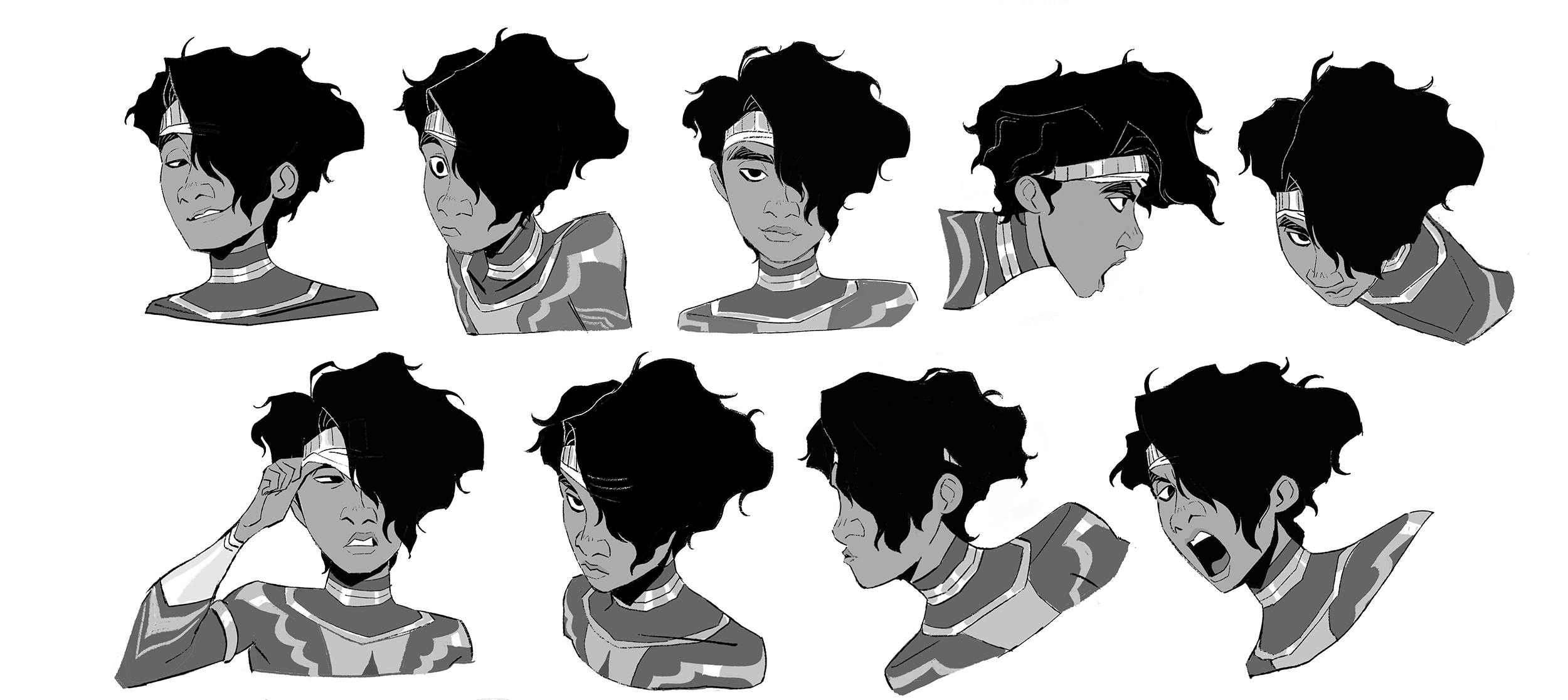 this is a character sheet with 8 different expressions for a male character. the character has black hair, is wearing a patterned headband and a striped shirt. his emotions include confused, surprised, thoughtful, happy, worried, angry, and neutral.
