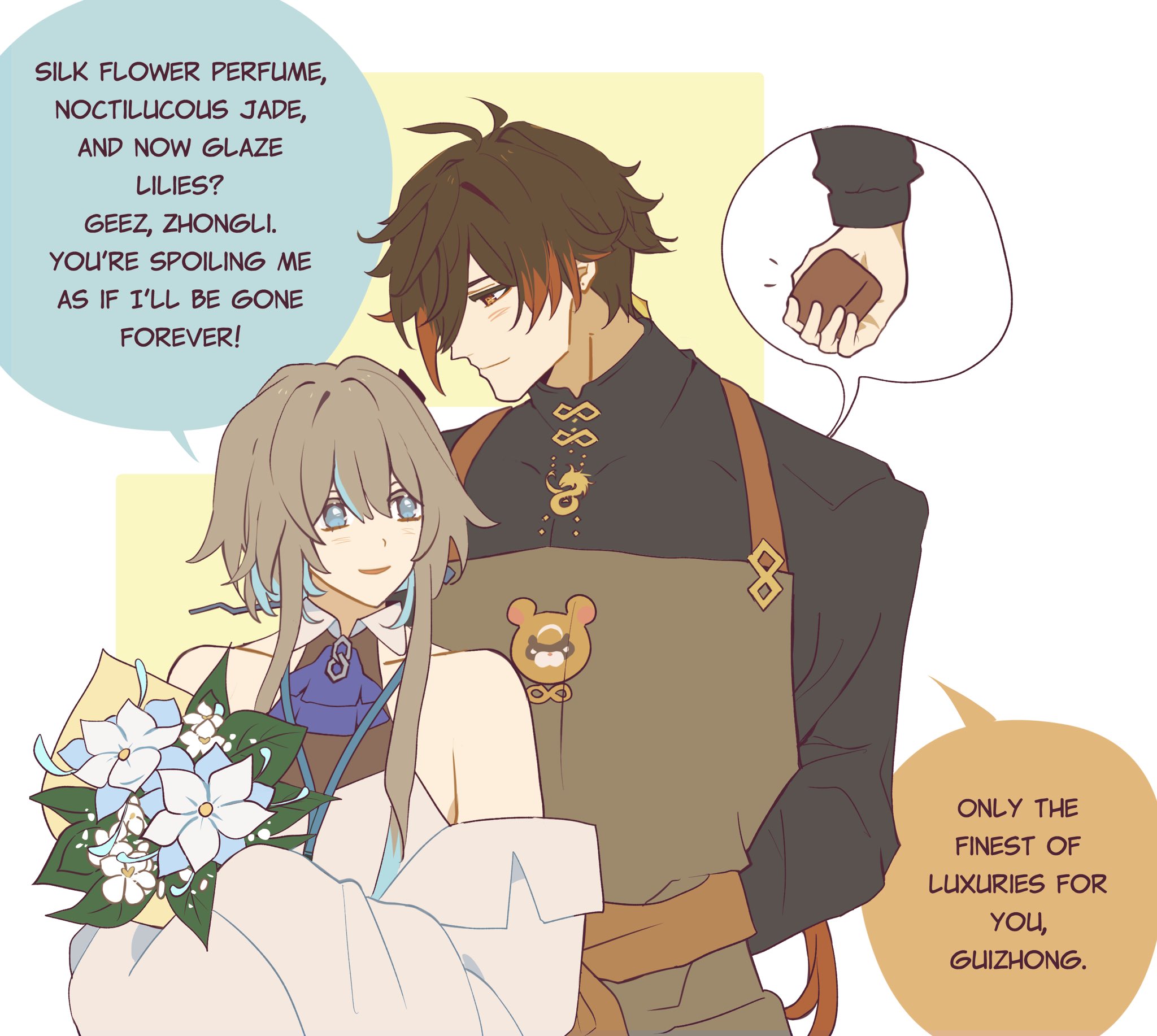this anime image shows a man in a black shirt and brown apron looking at a woman who is holding a bouquet of white lilies. they are surrounded by speech bubbles with text inside. the text is talking about spoiling someone with gifts like flowers, jade, and perfume. the overall tone of the image is loving and romantic.