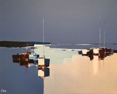 abstract painting of a harbor with boats. the water is rendered in shades of blue, while the boats are represented by geometric shapes in shades of white, blue, and brown. the overall composition is minimalist and serene.