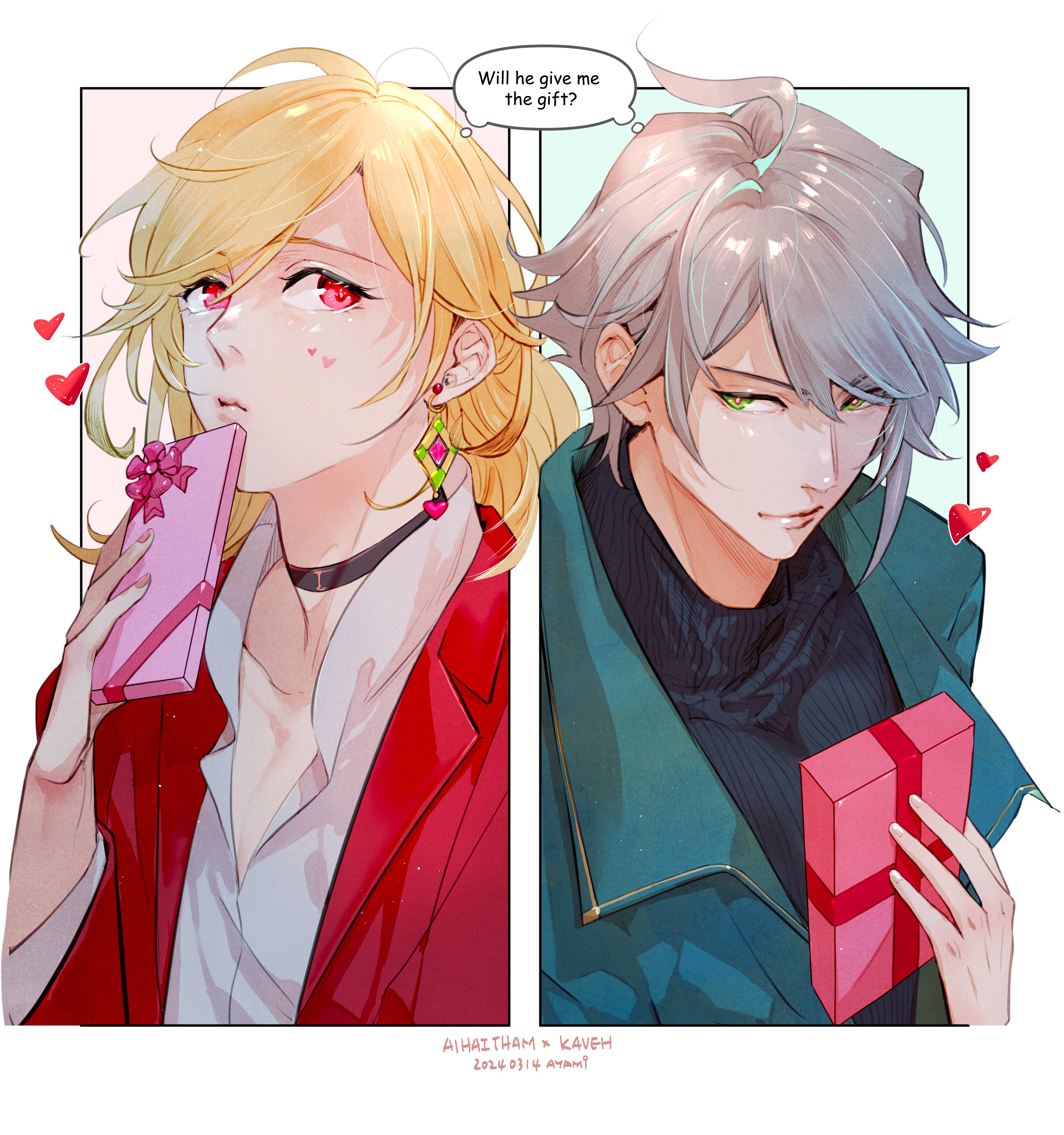 this is a digital fanart of al haitham and kaveh from the popular video game genshin impact. they are both depicted as characters from the game, and are drawn in a romanticized way. al haitham is holding a gift box of chocolates, and has a blushing, lovestruck expression. kaveh is holding a wrapped gift box and has a more confident smirk on his face. in the background, hearts are drawn to enhance the romantic and sweet theme of the image. the image is captioned with the characters' names and the artist's name and date, indicating that it is fanmade.