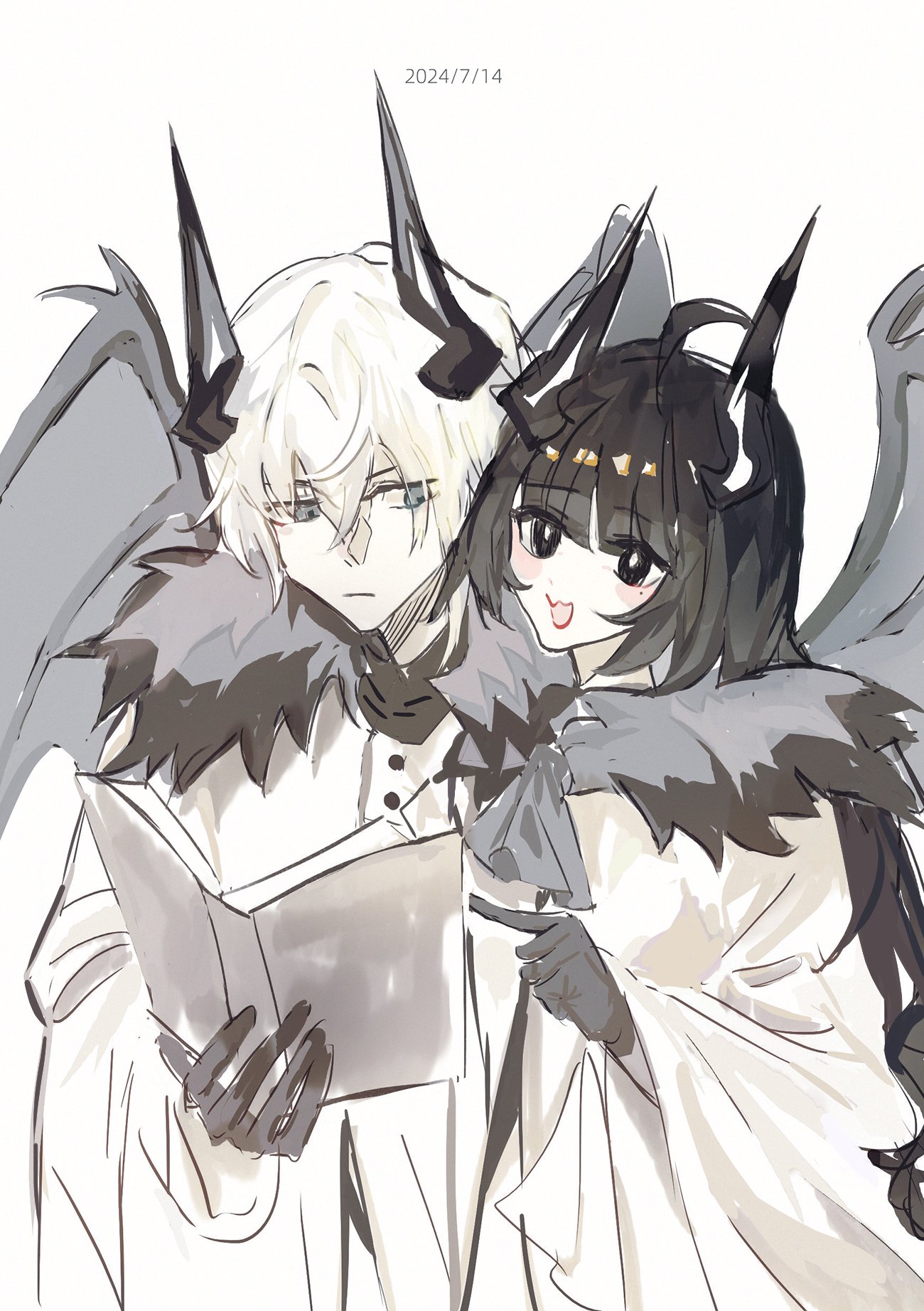 this is an anime illustration of a couple, a whitehaired boy with black horns and a blackhaired girl with black horns, they're wearing white outfits and black and white wings. the boy is holding a book, and the girl is looking at him with a sweet smile.