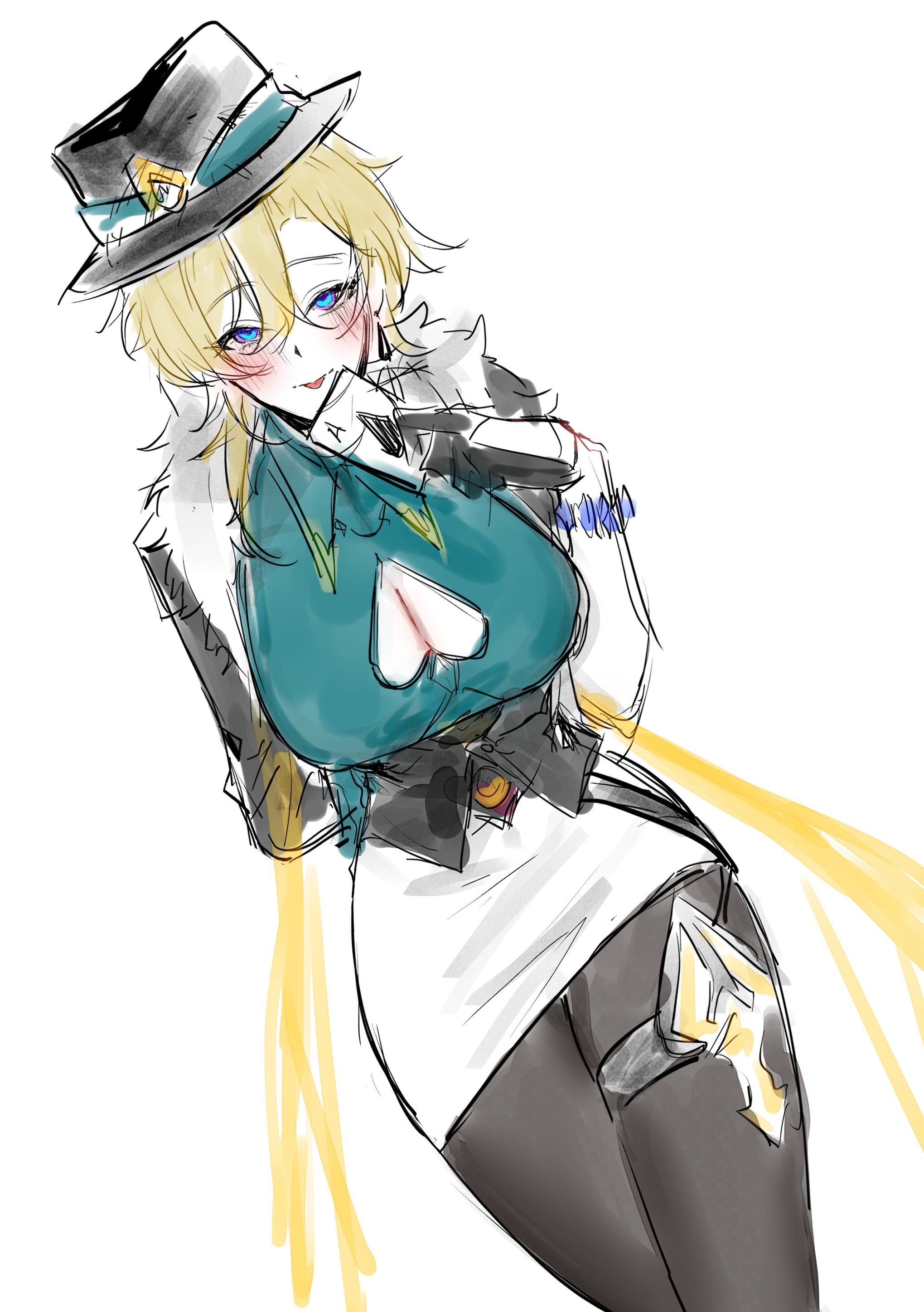 a sketch of an anime girl with blonde hair wearing a hat, holding a card in her hand. she is wearing a stylish outfit with a green shirt and white pants. the drawing is done in a rough style with a lot of detail.